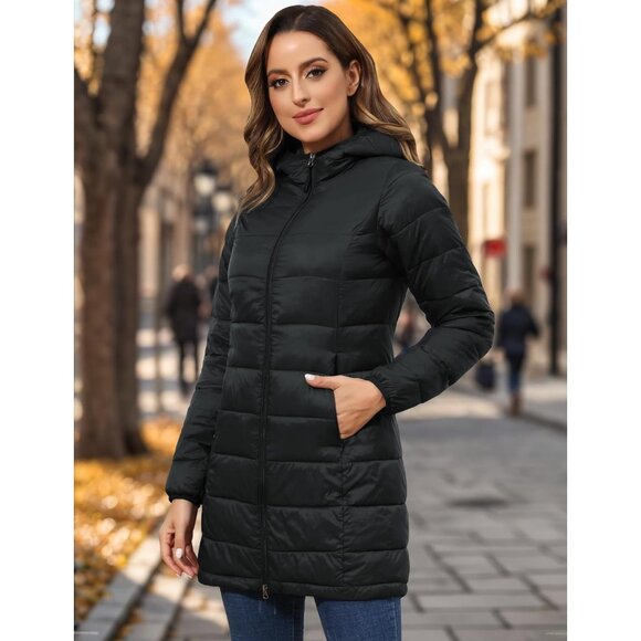 🆕 Women Black Long Quilted Puffer Coat Packable Lightweight Pockets Jacket Hood - Picture 2 of 9